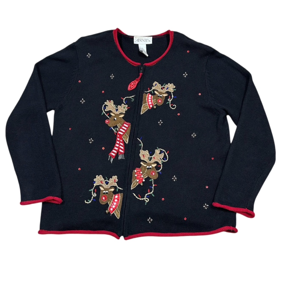 Vintage Casual Corner Annex Ugly Christmas Sweater Reindeer Cardigan Women's M